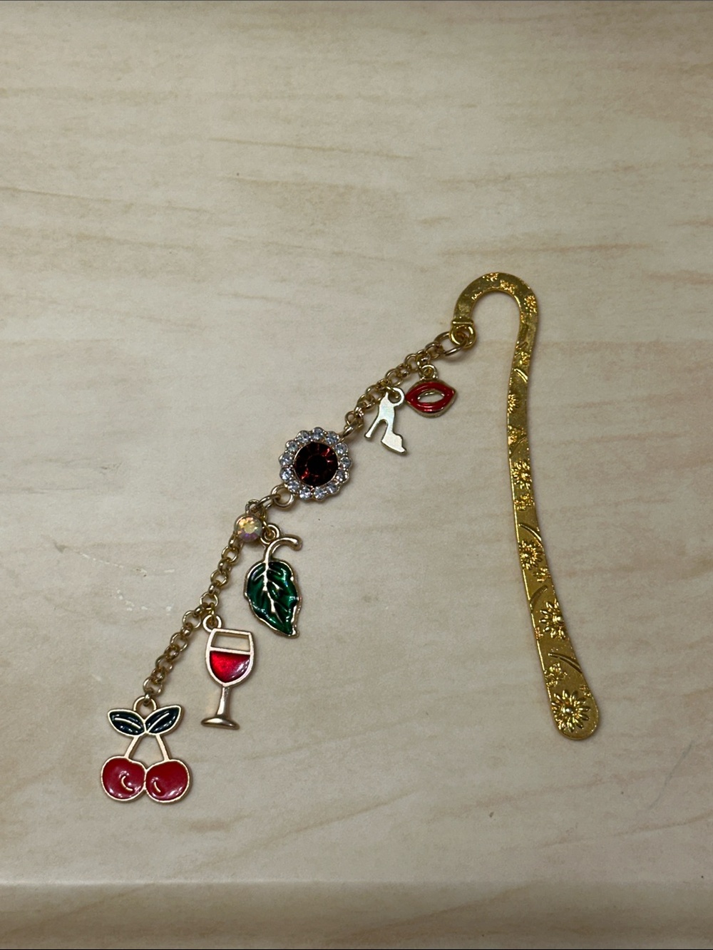 Gold Tone Dangle Bookmark with Red Cherry & Enamel Accents - Picture 4 of 6
